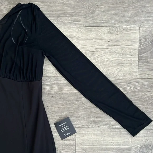 Lulus Stunning Essence One Shoulder Mermaid Maxi Dress Large Black Slit Mesh NWT - Picture 8 of 12